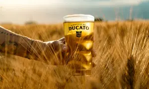 Un bicchiere di birra craft del Birrificio del Ducato, tenuto in mano tra spighe dorate al tramonto.