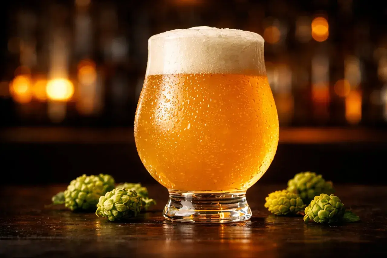 Bicchiere di birra IPA dorata con schiuma bianca, gocce di condensa e luppoli verdi sul tavolo.
