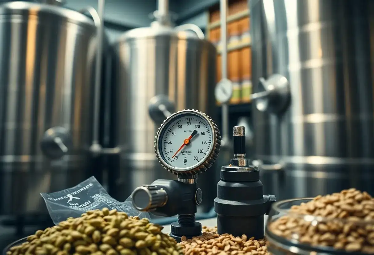Manometro in primo piano, con chicchi di malto e grandi serbatoi in acciaio sullo sfondo, pronti per la fermentazione alcolica.