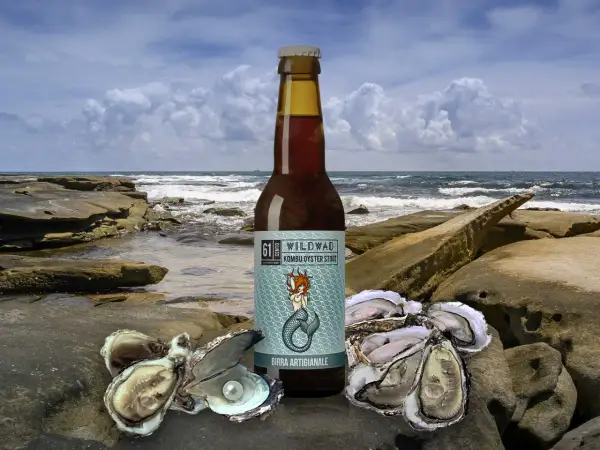 Birra Wildwad Kombu Oyster Stout con ostriche e perla su scogli marini.