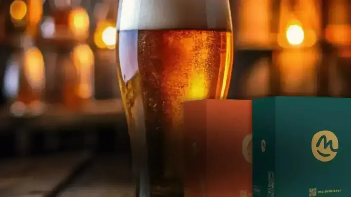Bicchiere di birra dorata con bollicine, accanto a scatole di birra celiaci.